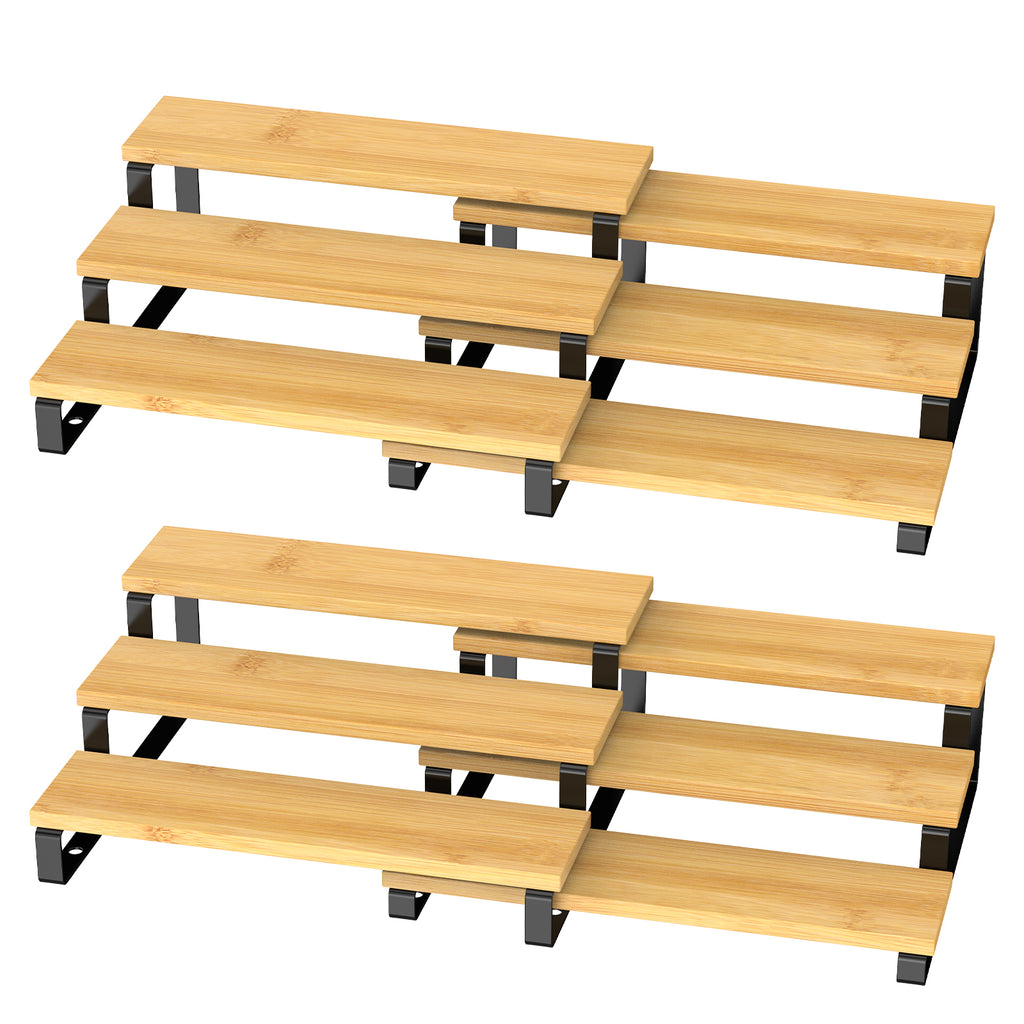 3-Tier Expandable Bamboo Spice Rack Organizer (Set of 2) - Adjustable Tiered Shelf for Kitchen Cabinets