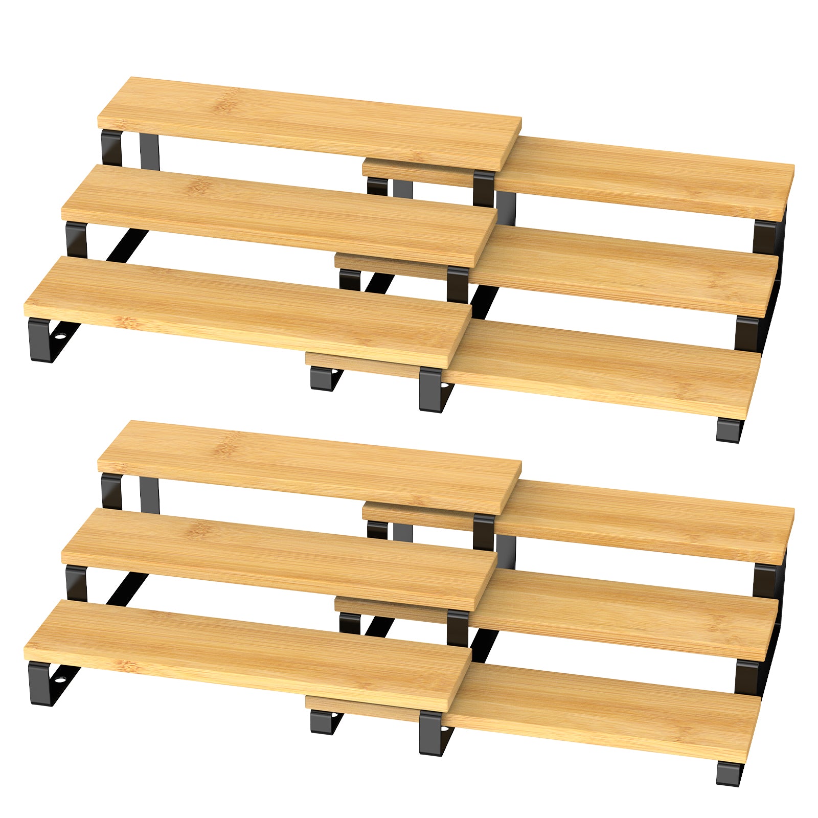 3-Tier Expandable Bamboo Spice Rack Organizer (Set of 2) - Adjustable Tiered Shelf for Kitchen Cabinets