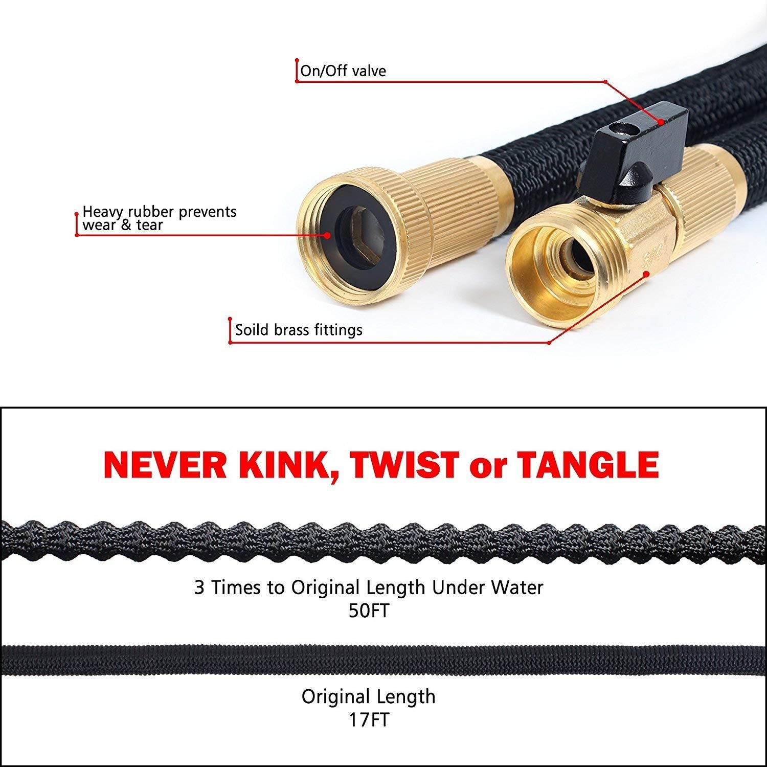 50-Foot Flexible Garden Hose with Durable Brass Fittings, Dual Layer Latex Core, and 8-Way High-Pressure Watering Nozzle