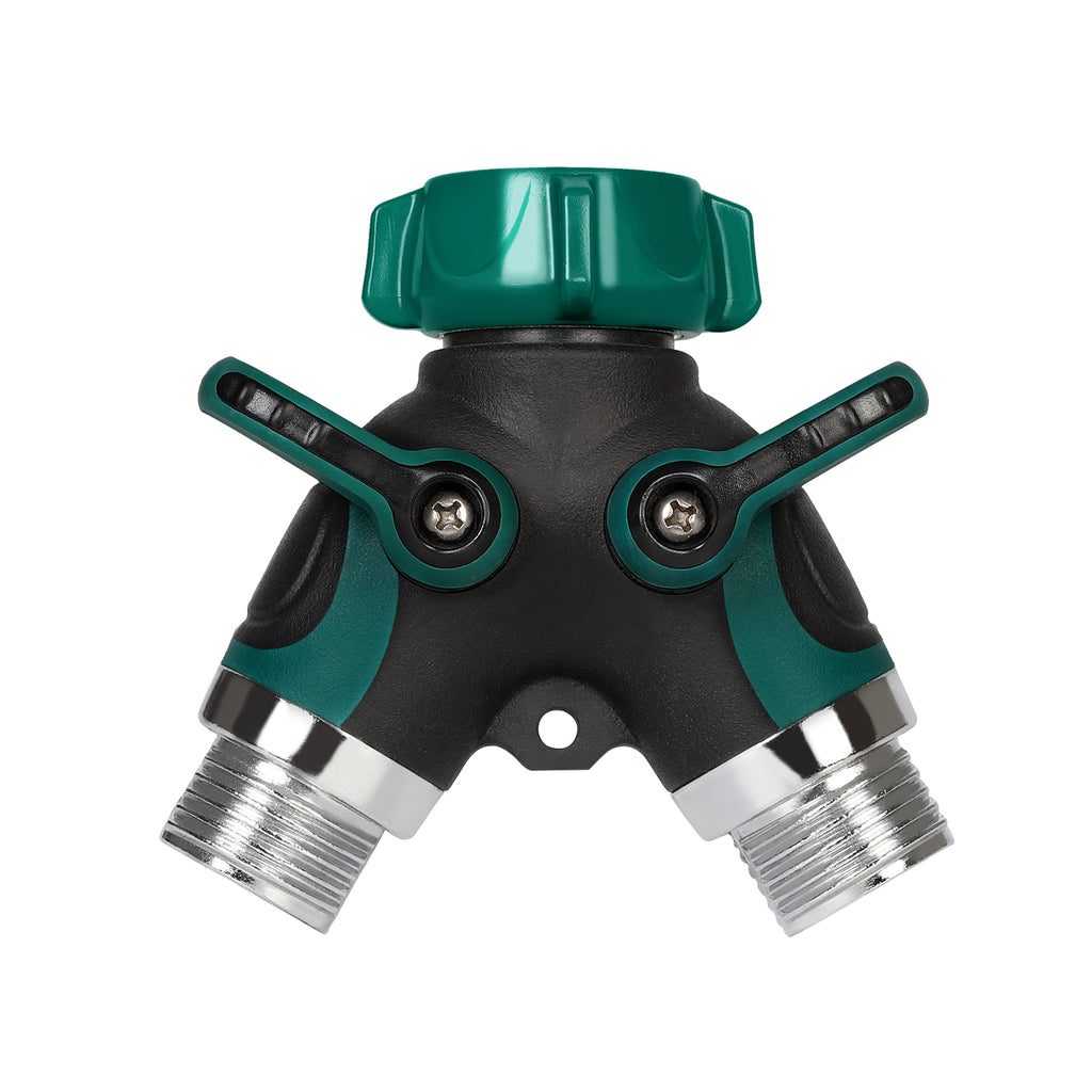 2-Way Y-Shape Garden Hose Splitter (2-Pack) - Heavy-Duty Water Spigot Adapter with Individual Shut-Off Valves