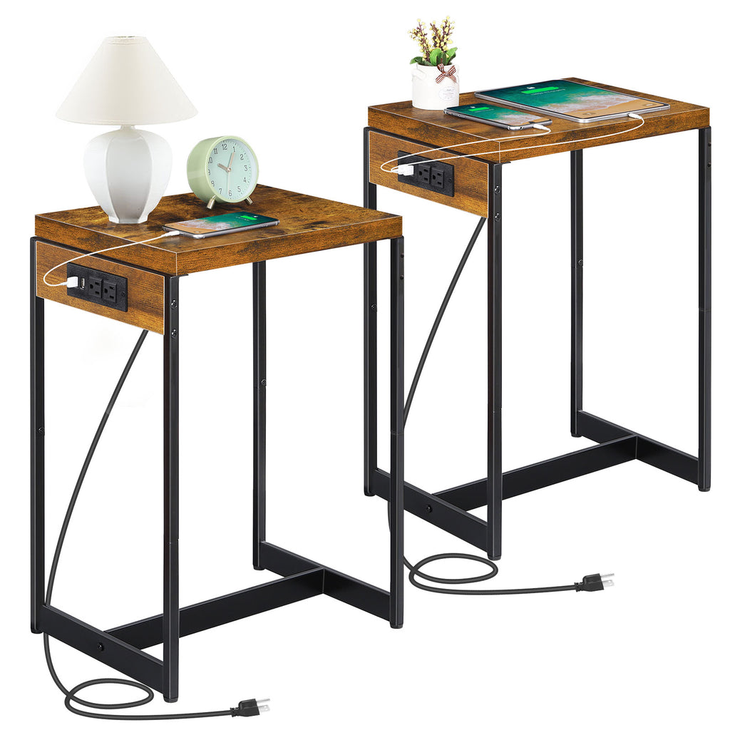 Set of 2 Nightstands with Charging Station - Slim Side Tables with USB Ports & AC Outlets for Bedroom