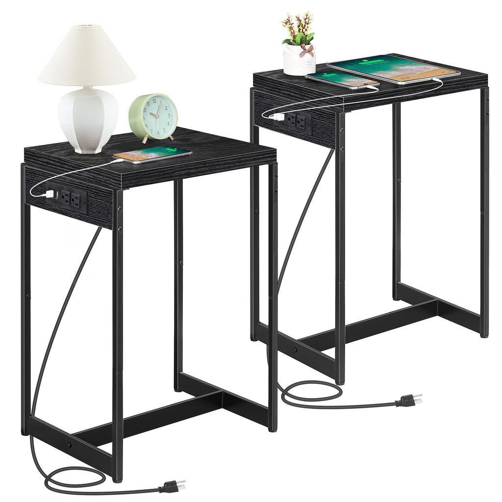 Set of 2 Nightstands with Charging Station - Slim Side Tables with USB Ports & AC Outlets for Bedroom