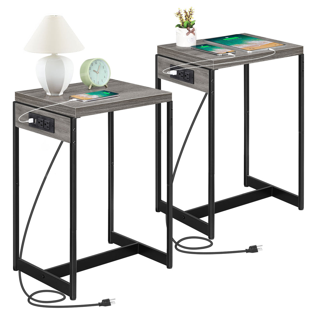 Set of 2 Nightstands with Charging Station - Slim Side Tables with USB Ports & AC Outlets for Bedroom