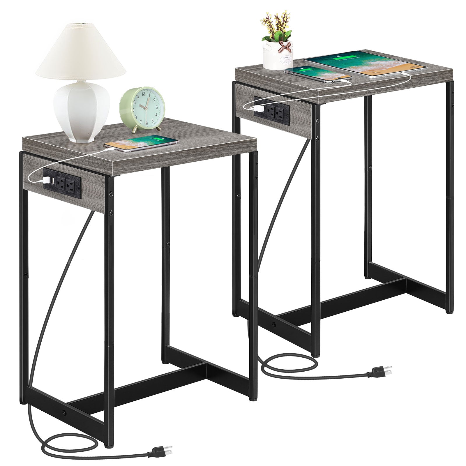 Set of 2 Nightstands with Charging Station - Slim Side Tables with USB Ports & AC Outlets for Bedroom