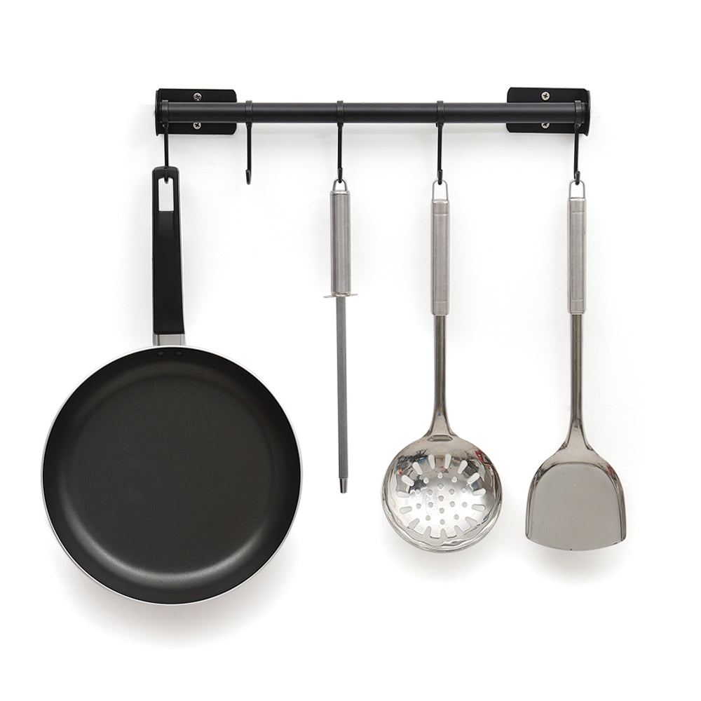 Wall-Mounted Black Kitchen Organizer Bar with 5 Detachable S-Hooks for Hanging Cookware, Mugs, and Utensils