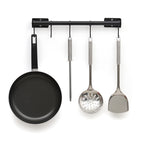 Wall-Mounted Black Kitchen Organizer Bar with 5 Detachable S-Hooks for Hanging Cookware, Mugs, and Utensils