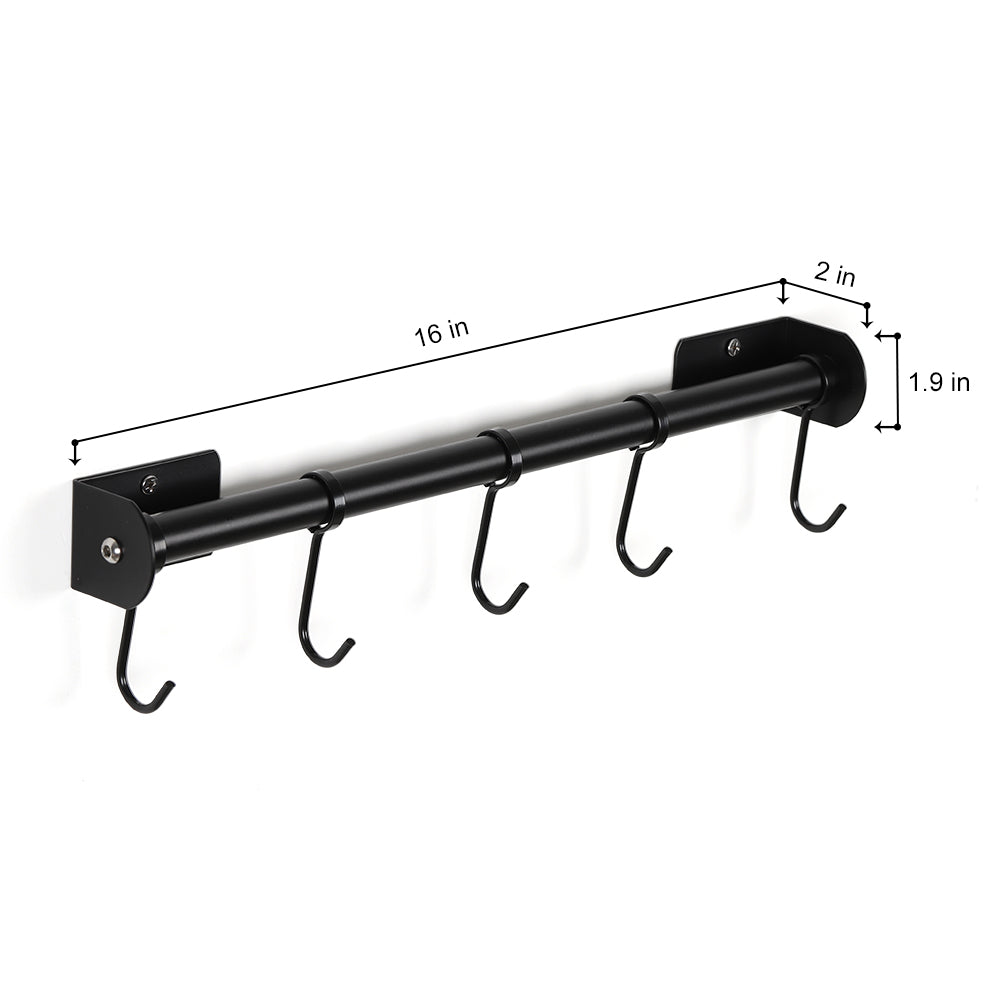 Wall-Mounted Black Kitchen Organizer Bar with 5 Detachable S-Hooks for Hanging Cookware, Mugs, and Utensils
