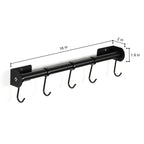 Wall-Mounted Black Kitchen Organizer Bar with 5 Detachable S-Hooks for Hanging Cookware, Mugs, and Utensils