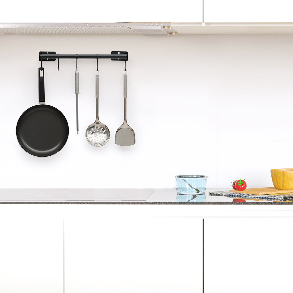 Wall-Mounted Black Kitchen Organizer Bar with 5 Detachable S-Hooks for Hanging Cookware, Mugs, and Utensils