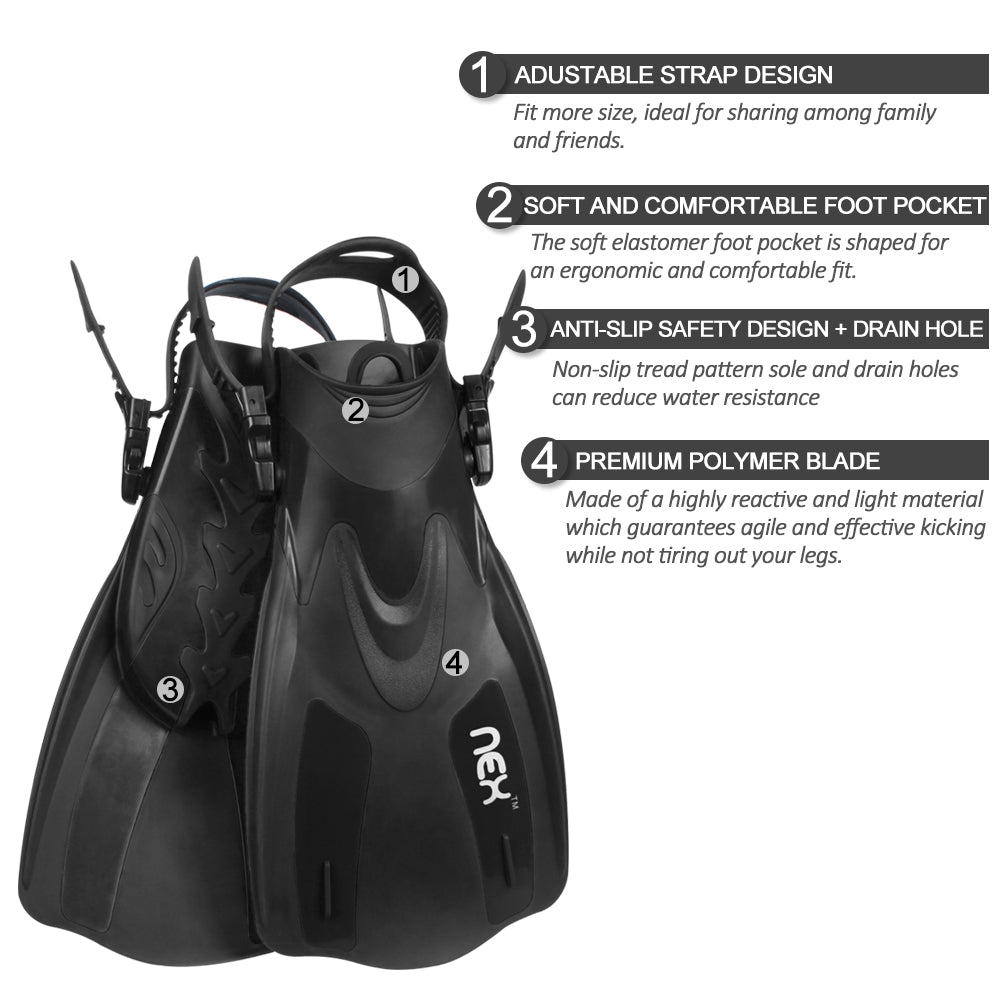 Adjustable Diving Fins for Adults, Short Blade Swimming Flippers for Men & Women, Comfortable Foot Fins for Snorkeling & Travel