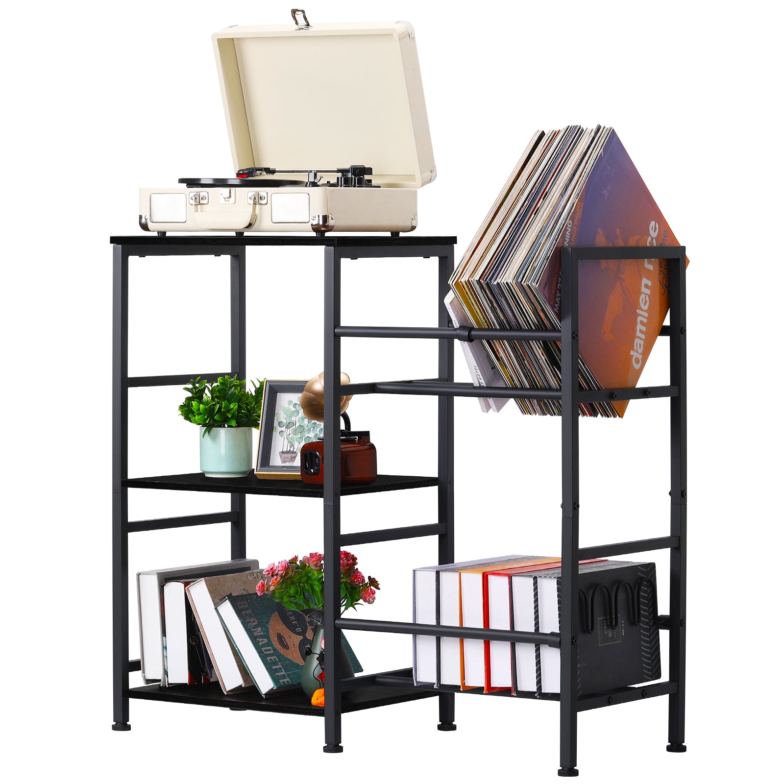 Multi-Purpose Vinyl Record & Toy Storage Organizer - Industrial Stand with Mesh Basket and Wood Shelves
