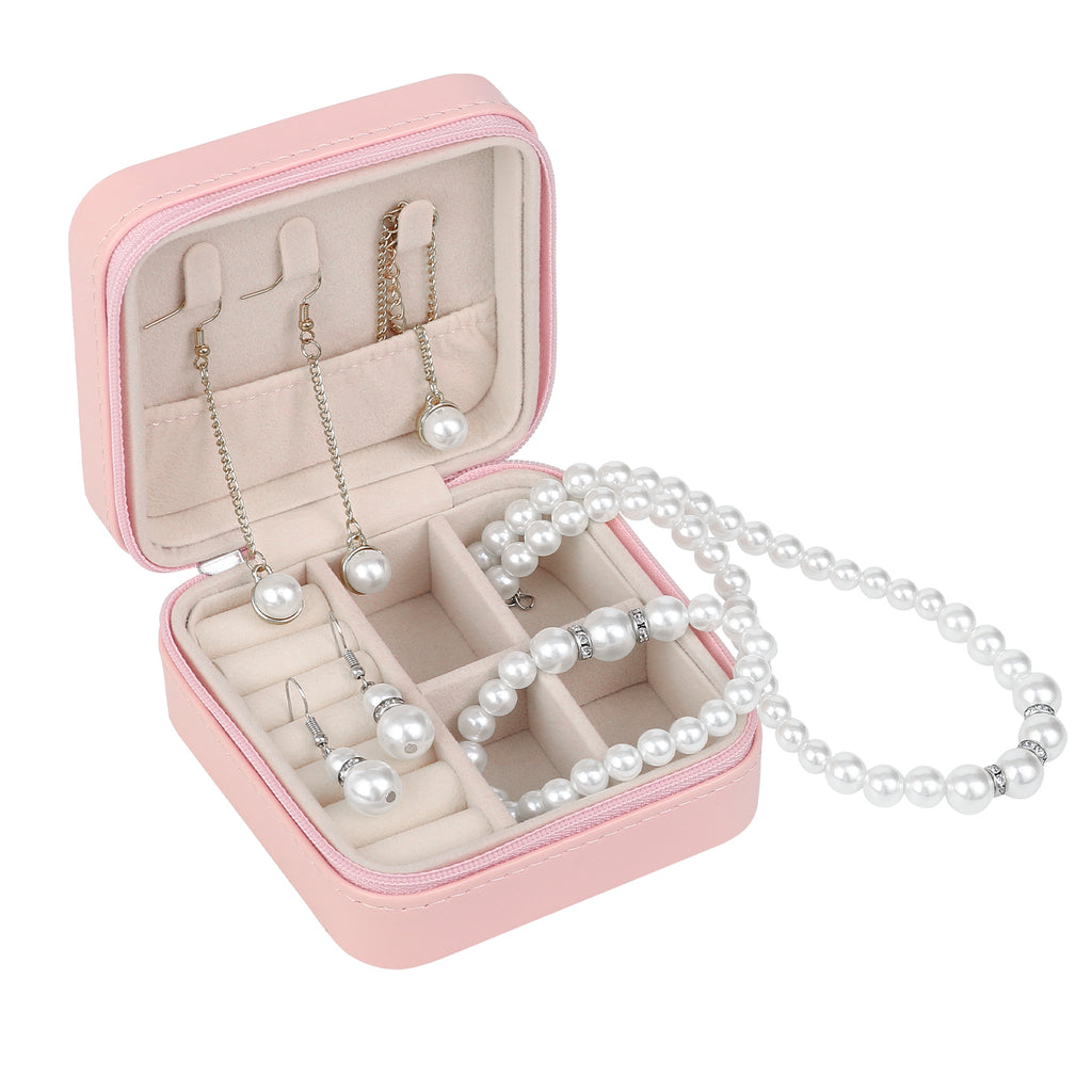 Pink Portable Travel Jewelry Case - Compact PU Leather Zippered Jewelry Organizer for Earrings & Necklaces