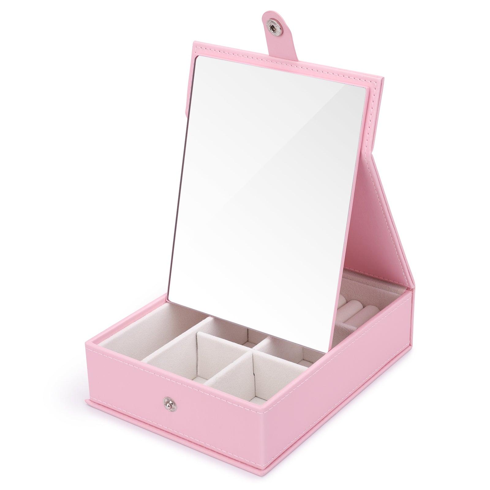 Pink PU Leather Jewelry Organizer with Built-in Mirror - Stylish Countertop Display Box for Vanity