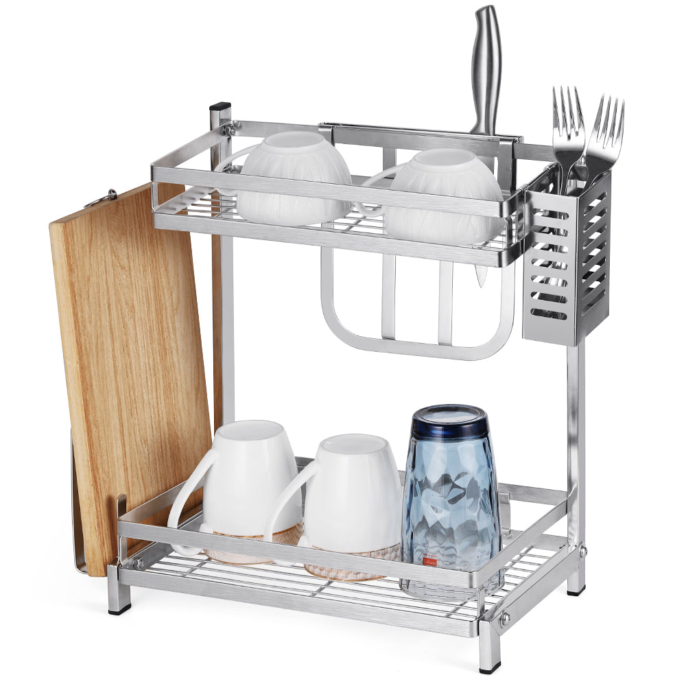 Kitchen two-tier organizer rack. Drainage rack. Stainless steel shelf, dish draining rack. Organize items in the kitchen. Storage rack for plates, cups, knife holder. Simple and elegant silver color.