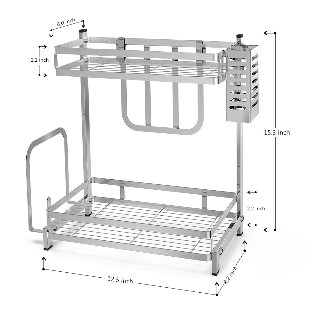 Kitchen two-tier organizer rack. Drainage rack. Stainless steel shelf, dish draining rack. Organize items in the kitchen. Storage rack for plates, cups, knife holder. Simple and elegant silver color.