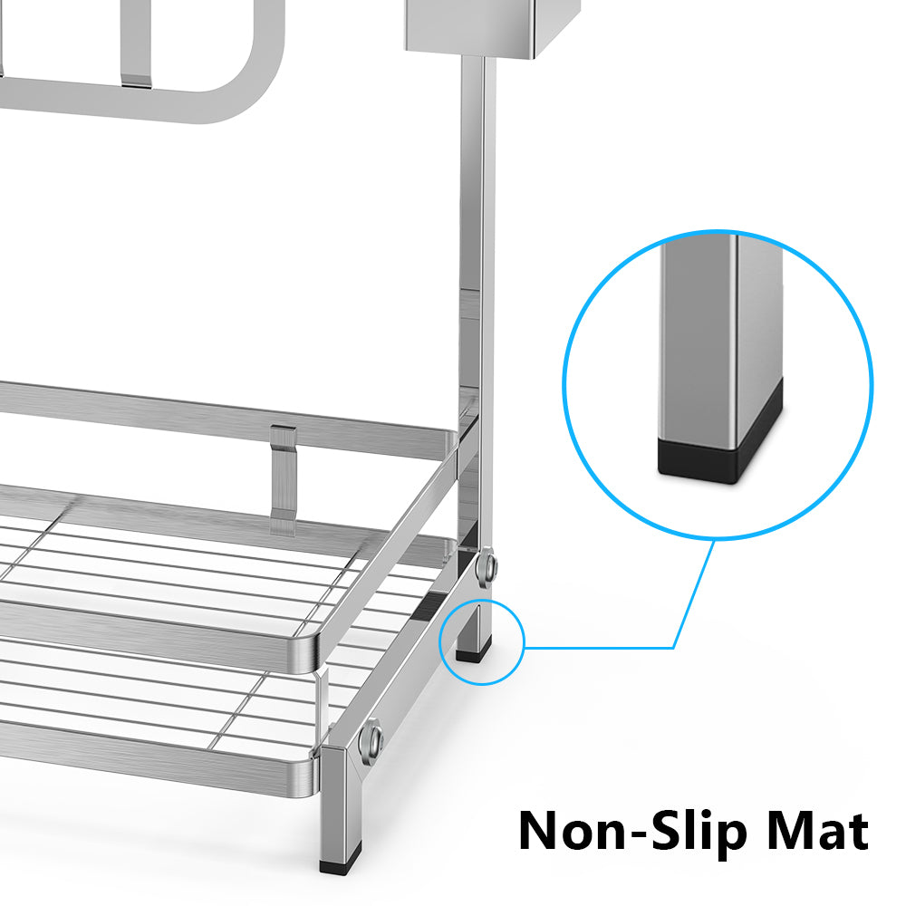 Kitchen two-tier organizer rack. Drainage rack. Stainless steel shelf, dish draining rack. Organize items in the kitchen. Storage rack for plates, cups, knife holder. Simple and elegant silver color.