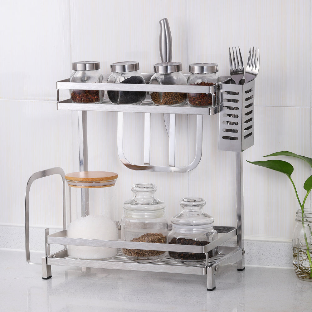 Kitchen two-tier organizer rack. Drainage rack. Stainless steel shelf, dish draining rack. Organize items in the kitchen. Storage rack for plates, cups, knife holder. Simple and elegant silver color.