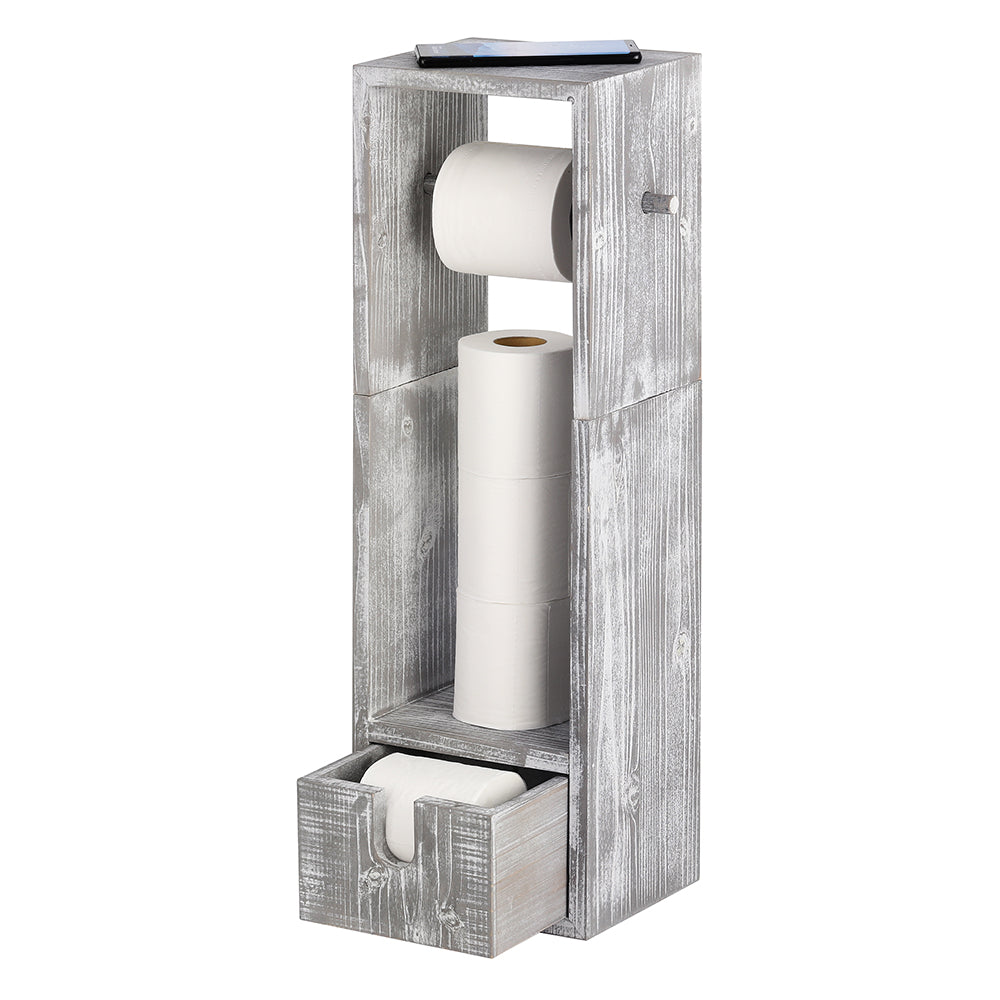 Rustic Wood Toilet Paper Holder Stand - Free-Standing Tissue Dispenser with Storage Drawer & Phone Shelf