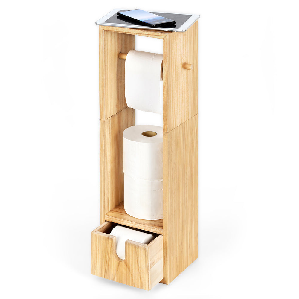 Rustic Wood Toilet Paper Holder Stand - Free-Standing Tissue Dispenser with Storage Drawer & Phone Shelf