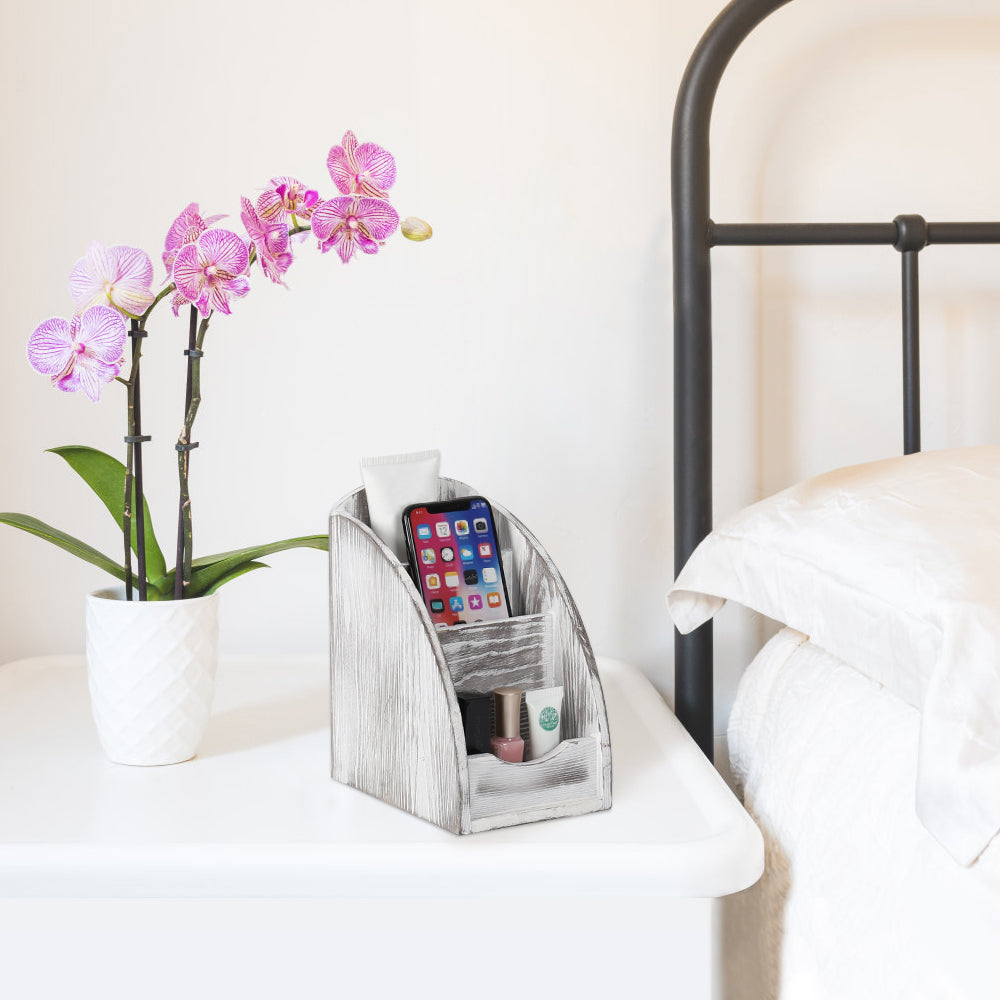 Rustic Wood Remote Control Caddy - Multi-Slot Media Organizer & Desktop Stationery Holder for Living Room