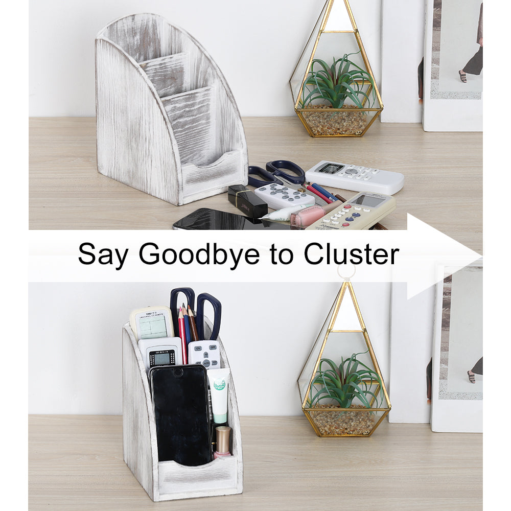 Rustic Wood Remote Control Caddy - Multi-Slot Media Organizer & Desktop Stationery Holder for Living Room