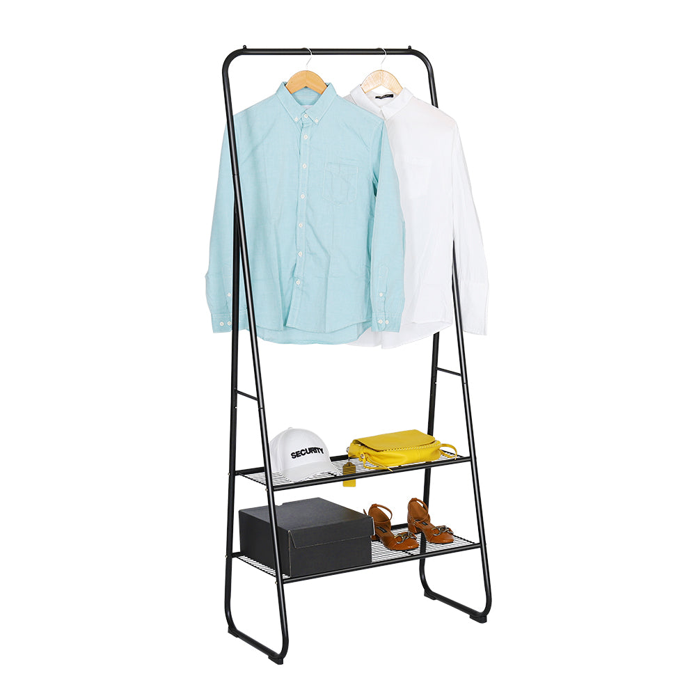 Minimalist A-Frame Garment Rack - Black Metal Clothes Hanging Stand with 2 Lower Storage Shelves