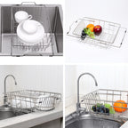 Dish Drying Rack in Sink- Over The Sink Colander Strainer Basket, Stainless Steel Strainer Basket with Expandable Rubber Grip Handles for Vegetables, Fruits, Home Kitchen Essentials, Black