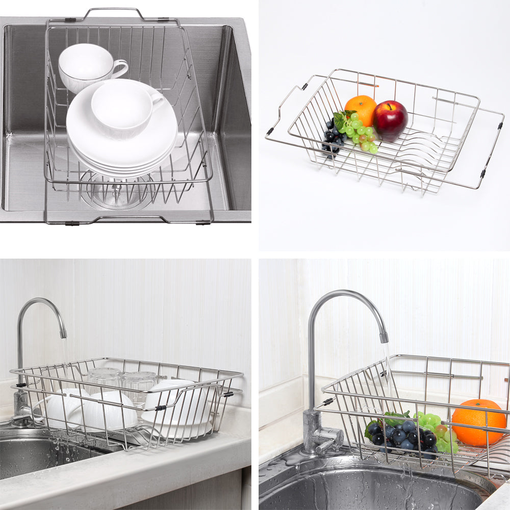 Dish Drying Rack in Sink- Over The Sink Colander Strainer Basket, Stainless Steel Strainer Basket with Expandable Rubber Grip Handles for Vegetables, Fruits, Home Kitchen Essentials, Black