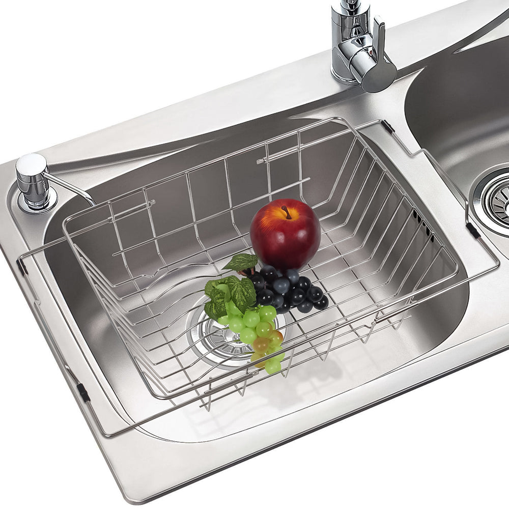 Dish Drying Rack in Sink- Over The Sink Colander Strainer Basket, Stainless Steel Strainer Basket with Expandable Rubber Grip Handles for Vegetables, Fruits, Home Kitchen Essentials, Black
