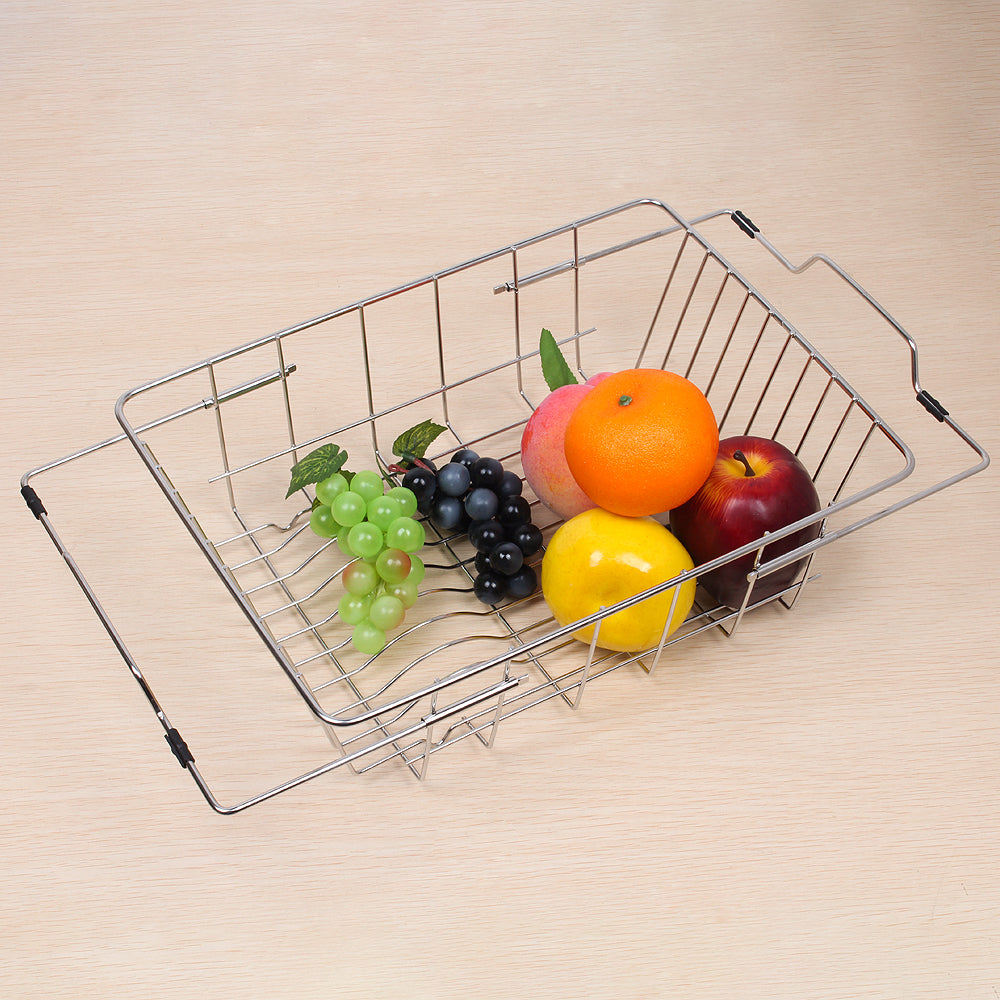 Dish Drying Rack in Sink- Over The Sink Colander Strainer Basket, Stainless Steel Strainer Basket with Expandable Rubber Grip Handles for Vegetables, Fruits, Home Kitchen Essentials, Black