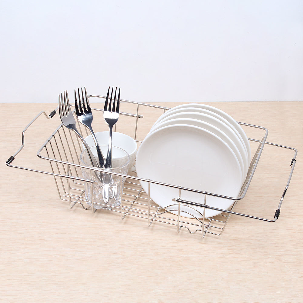 Dish Drying Rack in Sink- Over The Sink Colander Strainer Basket, Stainless Steel Strainer Basket with Expandable Rubber Grip Handles for Vegetables, Fruits, Home Kitchen Essentials, Black