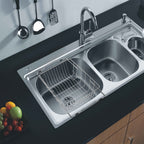 Dish Drying Rack in Sink- Over The Sink Colander Strainer Basket, Stainless Steel Strainer Basket with Expandable Rubber Grip Handles for Vegetables, Fruits, Home Kitchen Essentials, Black
