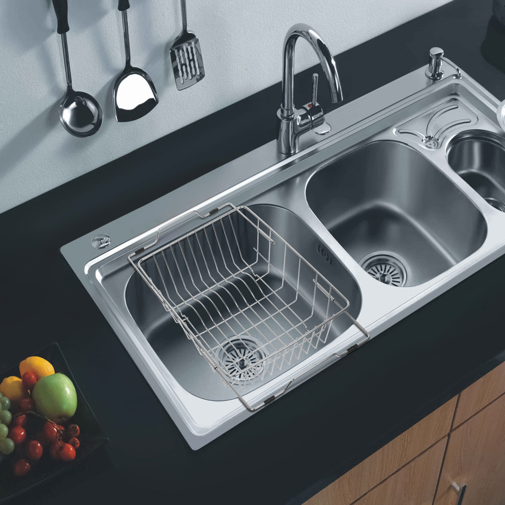 Dish Drying Rack in Sink- Over The Sink Colander Strainer Basket, Stainless Steel Strainer Basket with Expandable Rubber Grip Handles for Vegetables, Fruits, Home Kitchen Essentials, Black