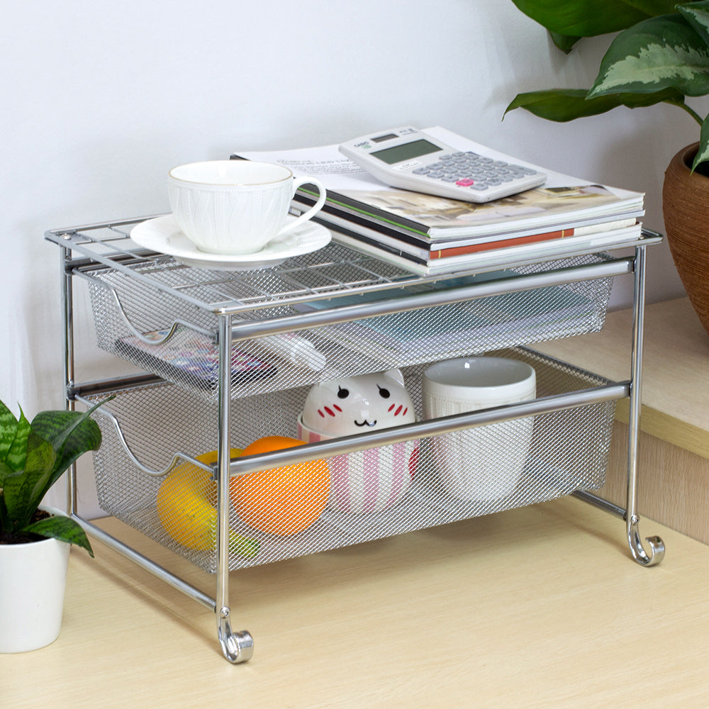 Stackable 2-Tier Sliding Basket Drawer, Heavy-Duty Mesh Under Sink Storage Organizer for Kitchen & Pantry
