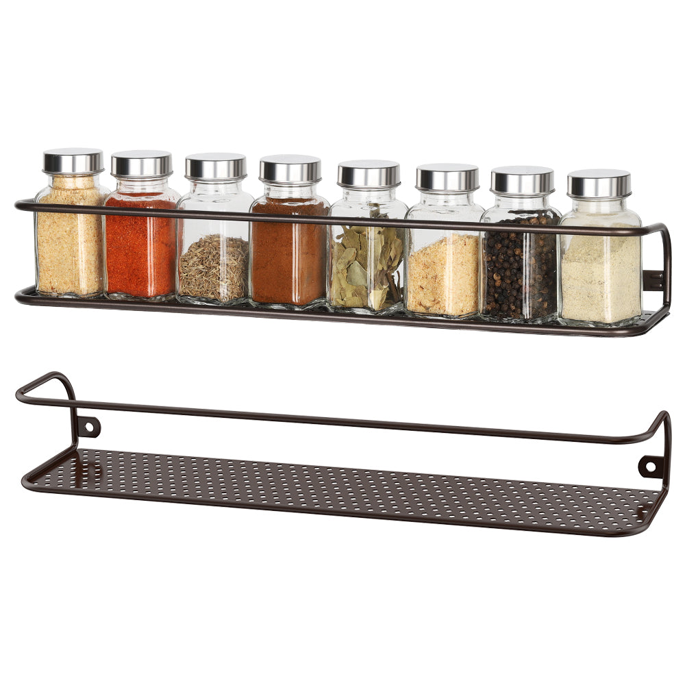 Wall-Mounted Single Tier Spice Racks (Set of 2) - Bronze Metal Spice Shelf for Kitchen Doors & Cabinets