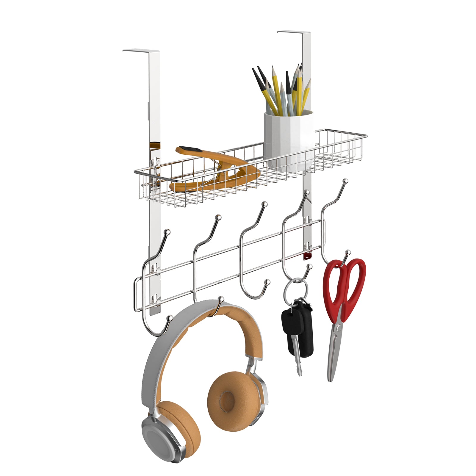 Over-the-Door Organizer Rack with 5 Hooks & Mesh Basket - Multi-Purpose Storage Shelf for Pantry & Bath