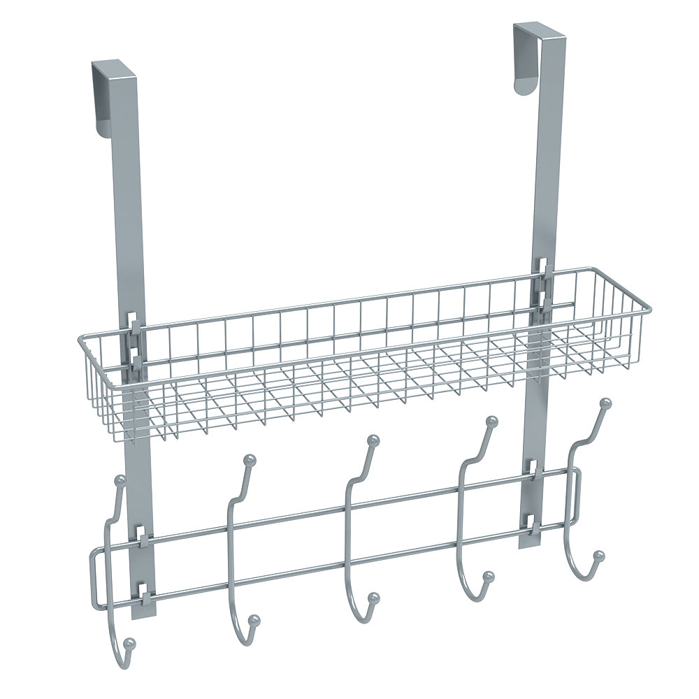 Over-the-Door Organizer Rack with 5 Hooks & Mesh Basket - Multi-Purpose Storage Shelf for Pantry & Bath