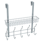 Over-the-Door Organizer Rack with 5 Hooks & Mesh Basket - Multi-Purpose Storage Shelf for Pantry & Bath