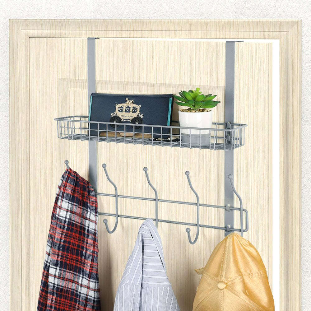 Over-the-Door Organizer Rack with 5 Hooks & Mesh Basket - Multi-Purpose Storage Shelf for Pantry & Bath