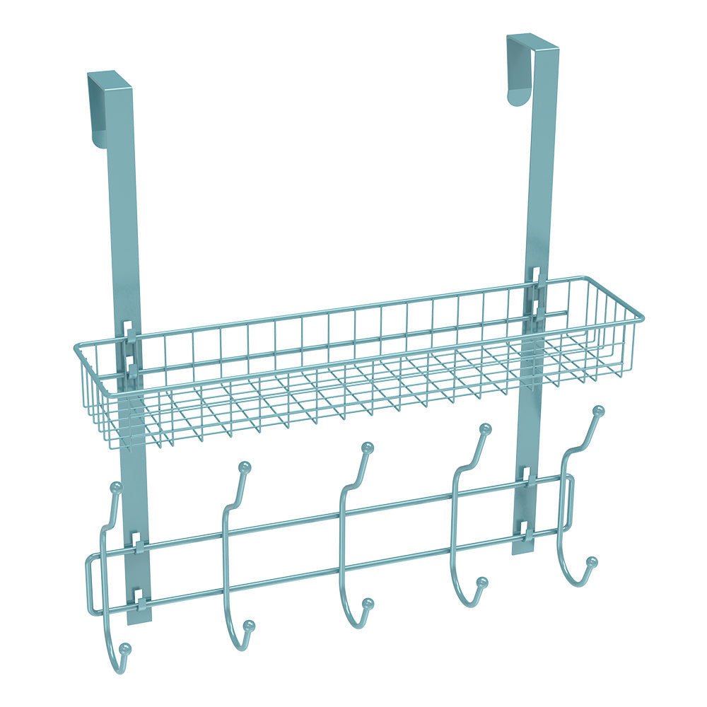 Over-the-Door Organizer Rack with 5 Hooks & Mesh Basket - Multi-Purpose Storage Shelf for Pantry & Bath