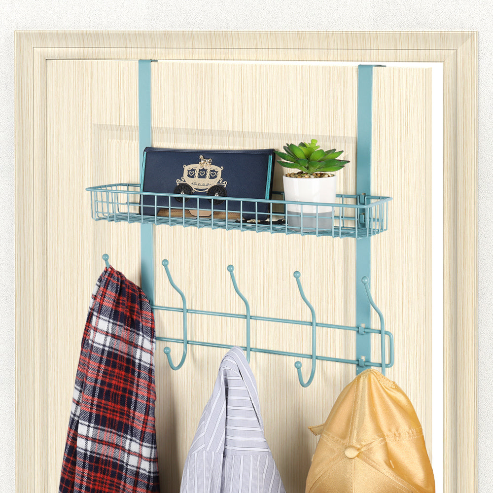 Over-the-Door Organizer Rack with 5 Hooks & Mesh Basket - Multi-Purpose Storage Shelf for Pantry & Bath