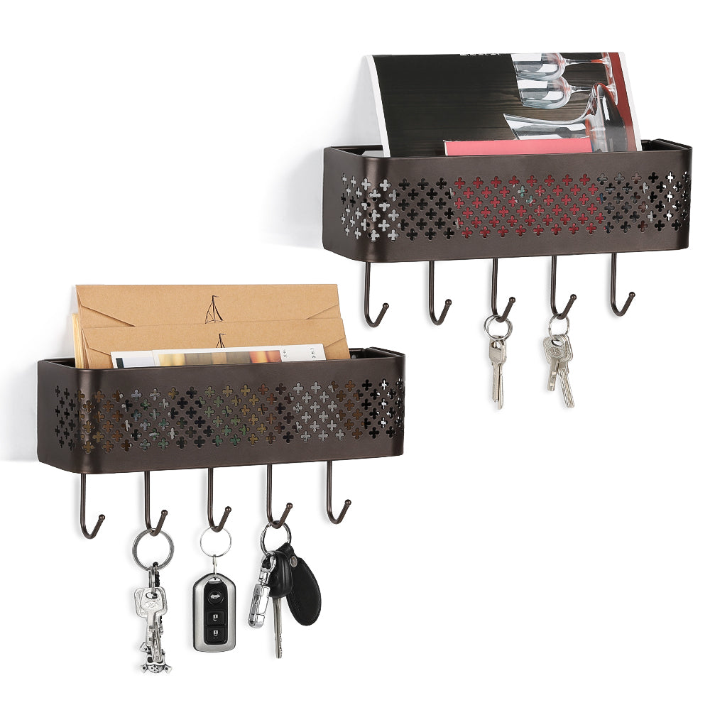 Wall Mounted Key & Mail Holder Set of 2 - Decorative Metal Entryway Organizer with 5 Hooks, Black