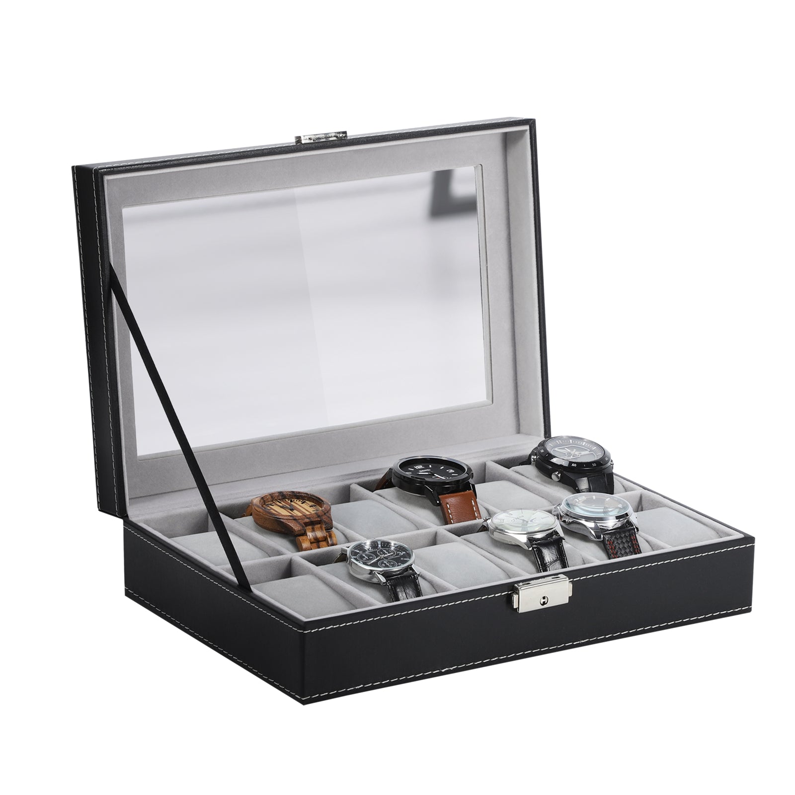 Premium 6-Slot Watch Display Case - Black Leather Watch Box with Large Glass Window & Secure Lock