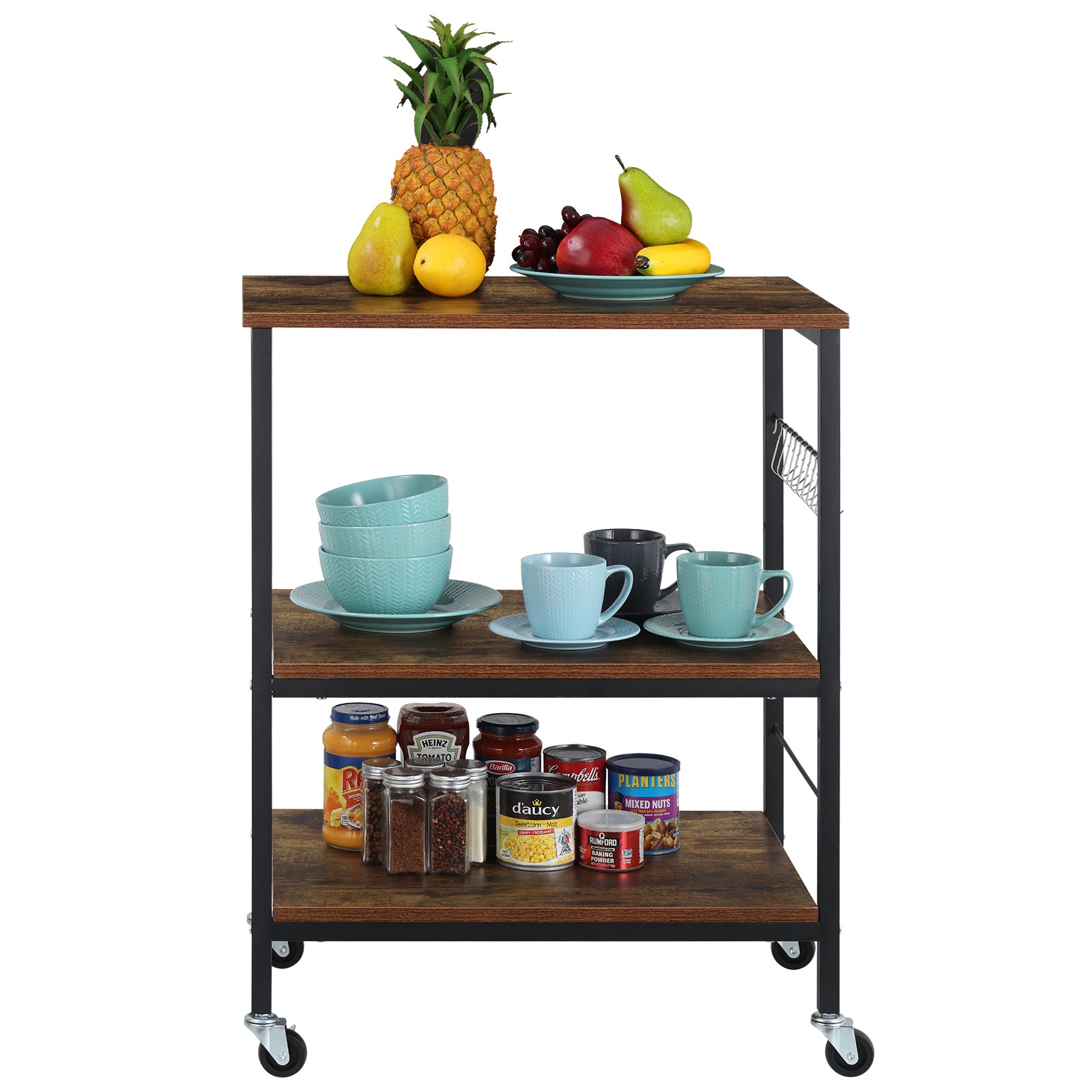 3-Tier Rolling Microwave Stand - Rustic Industrial Baker's Rack with 10 Hooks for Kitchen Storage