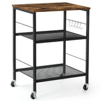 3-Tier Rolling Microwave Stand - Rustic Industrial Baker's Rack with 10 Hooks for Kitchen Storage