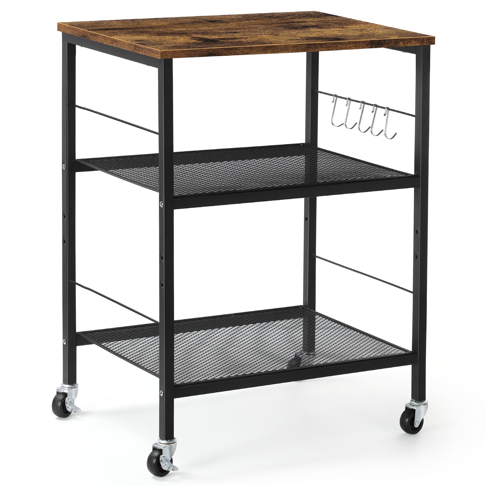 3-Tier Rolling Microwave Stand - Rustic Industrial Baker's Rack with 10 Hooks for Kitchen Storage