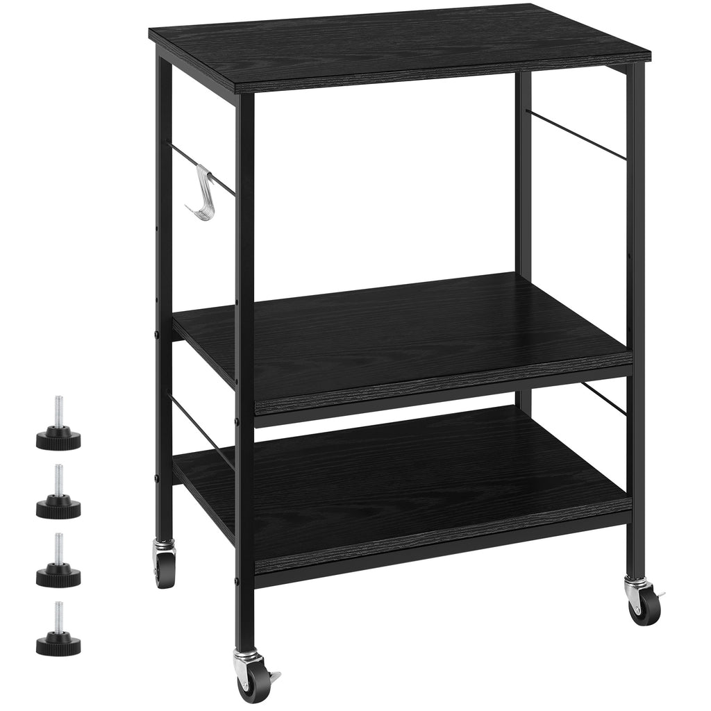 3-Tier Rolling Microwave Stand - Rustic Industrial Baker's Rack with 10 Hooks for Kitchen Storage