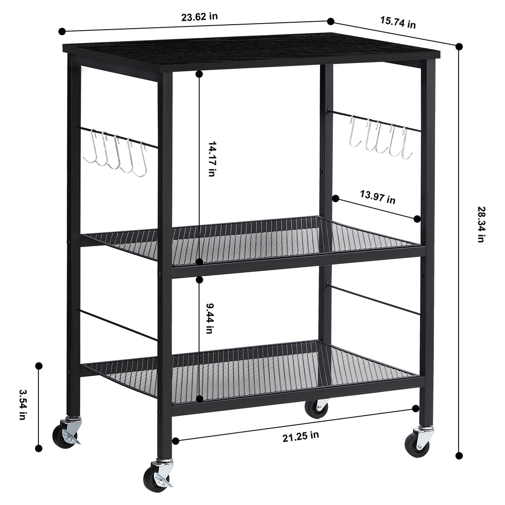 3-Tier Rolling Microwave Stand - Rustic Industrial Baker's Rack with 10 Hooks for Kitchen Storage
