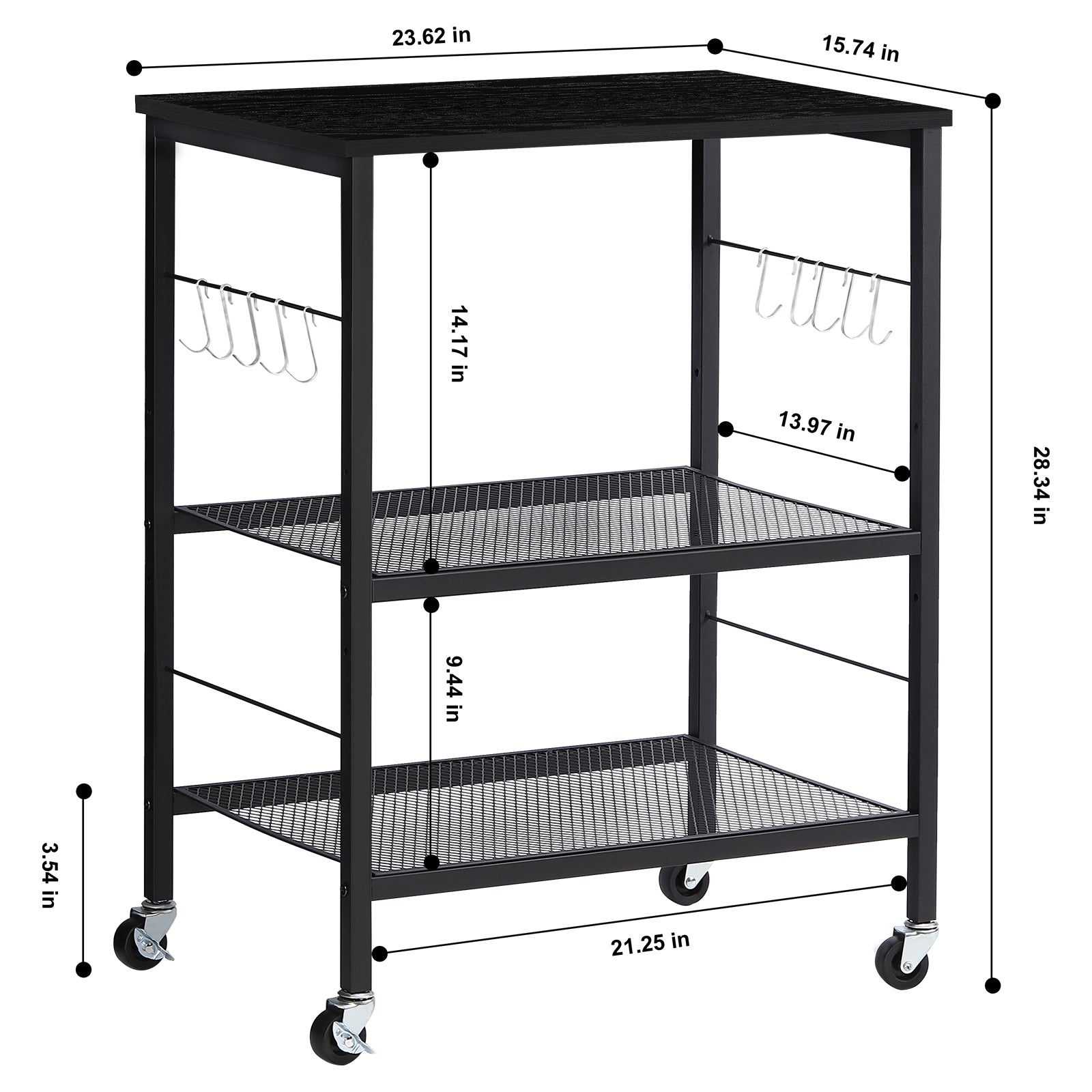 3-Tier Rolling Microwave Stand - Rustic Industrial Baker's Rack with 10 Hooks for Kitchen Storage