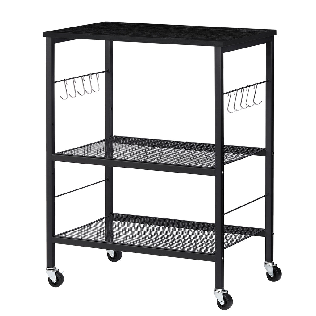 3-Tier Rolling Microwave Stand - Rustic Industrial Baker's Rack with 10 Hooks for Kitchen Storage